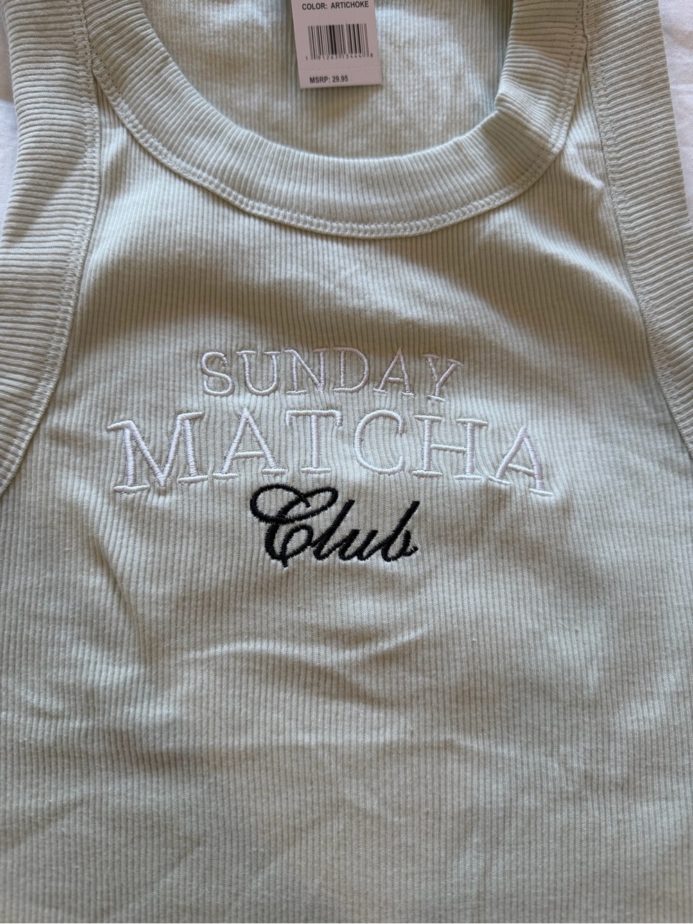 Light Sage Ribbed Tank with Embroidered Script - Picture 3 of 3
